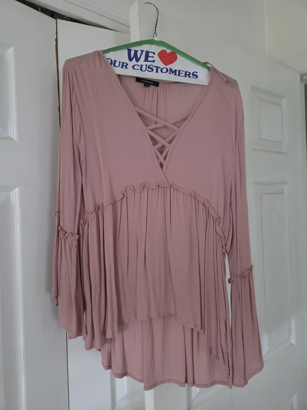 Boho Lace-Up V-Neck Women's Top in Dusty Rose